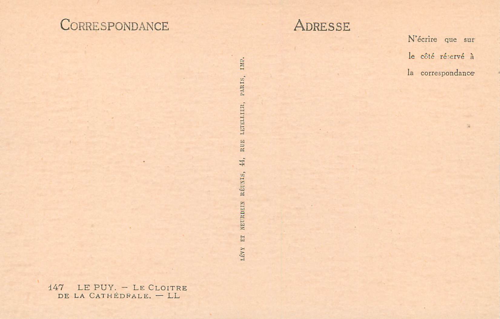 CPA Le Puy Le Cloitre de la Cathedrale — Rückseite