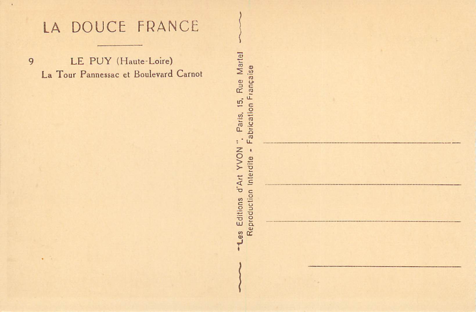 CPA La Douce France Le Puy (Haute Loire) La Tour Pannessac et Boulevard Carnot — Verso