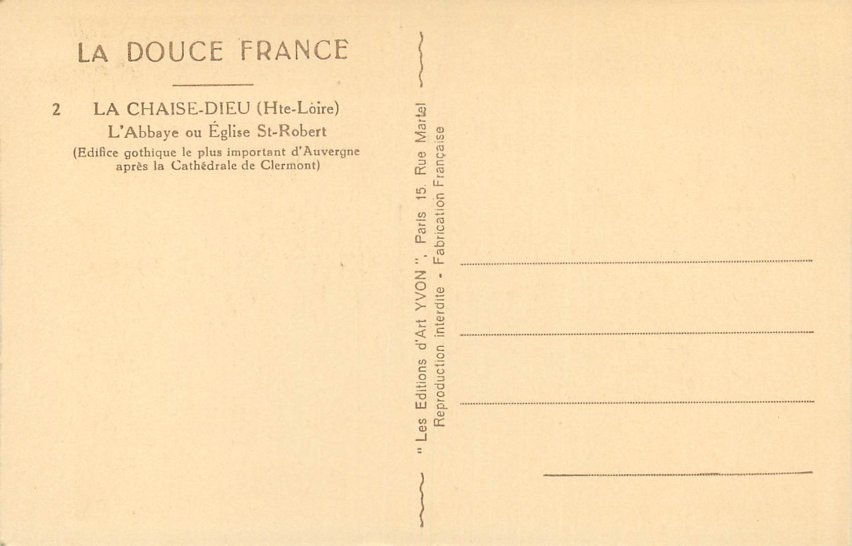 CPA La Douce France La Chaise Dieu (Hte Loire) L'Abbaye ou Eglise St Robert — Rückseite