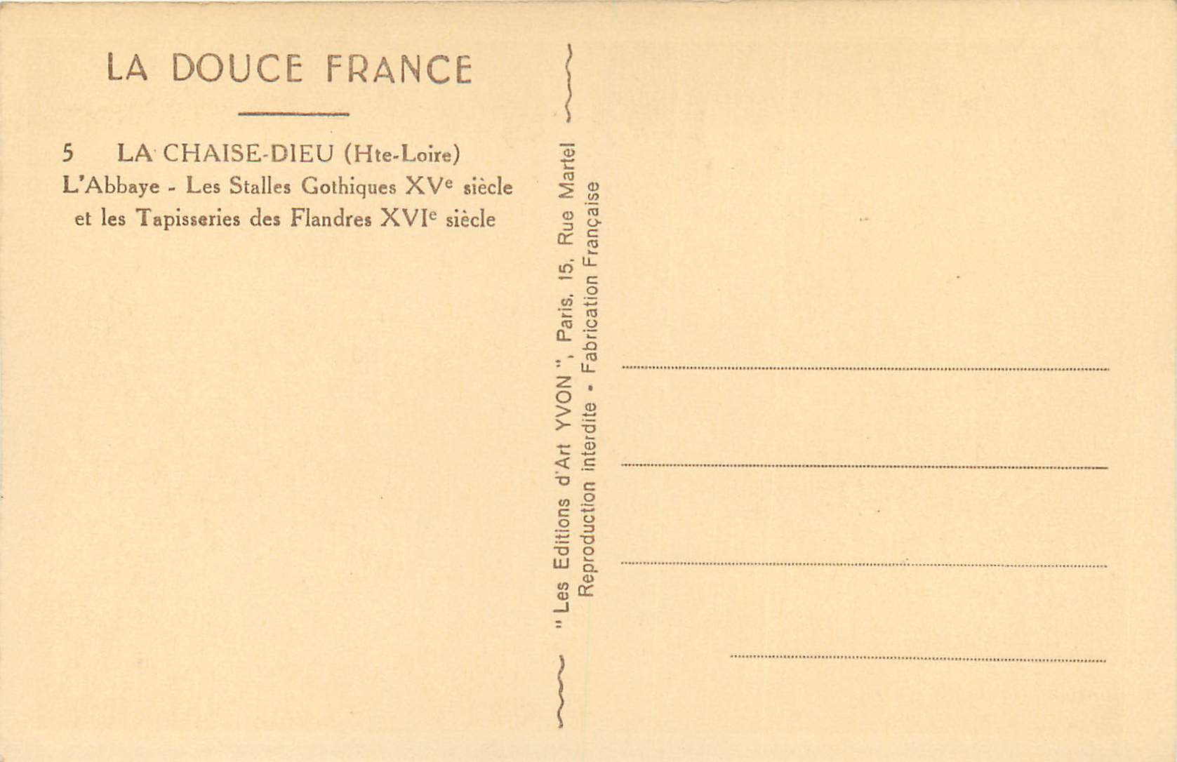 CPA La Douce France La Chaise Dieu (Hte Loire) L'Abbaye Les Stalles Gothiques XVe Siecle — Rückseite