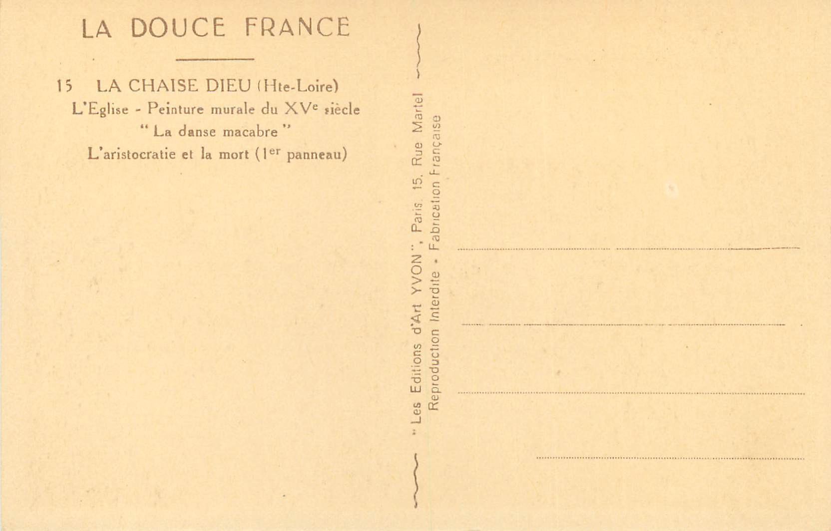 La Chaise-Dieu (Hte-Loire) — Danse macabre — Église, 1er panneau, XVe siècle — Éditions d'Art YVON, Paris — Rückseite