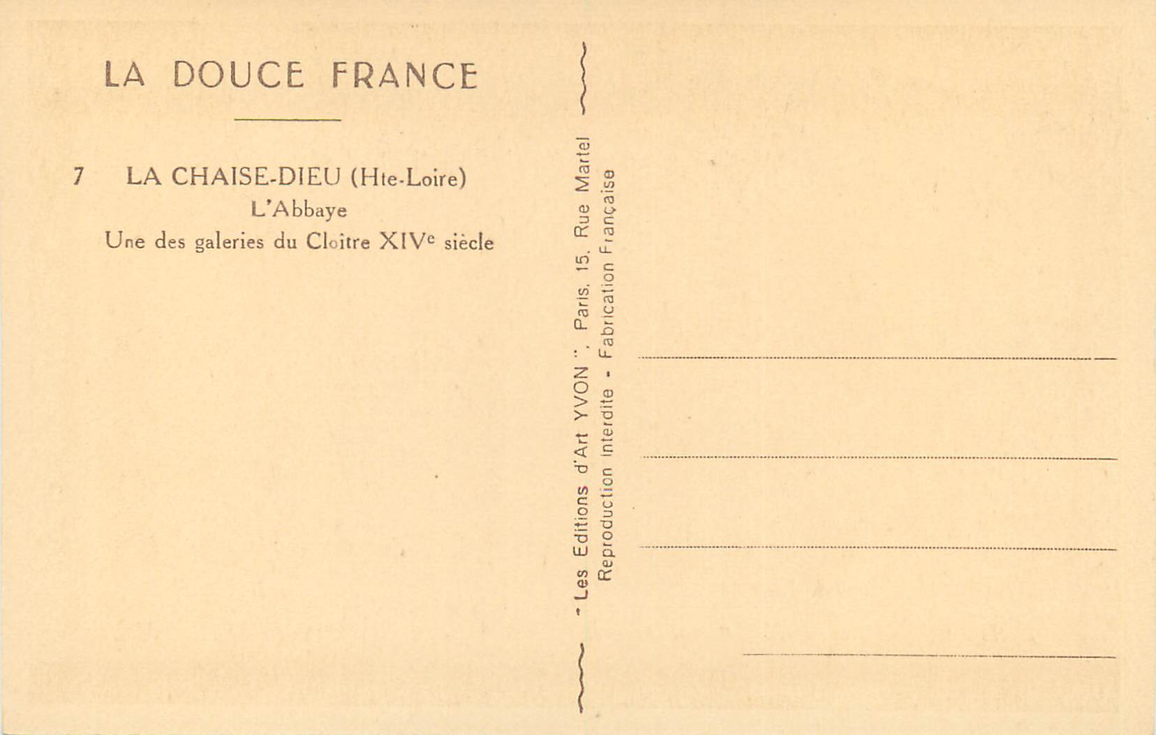 La Chaise-Dieu — L'Abbaye — Les Éditions d'Art YVON — Verso