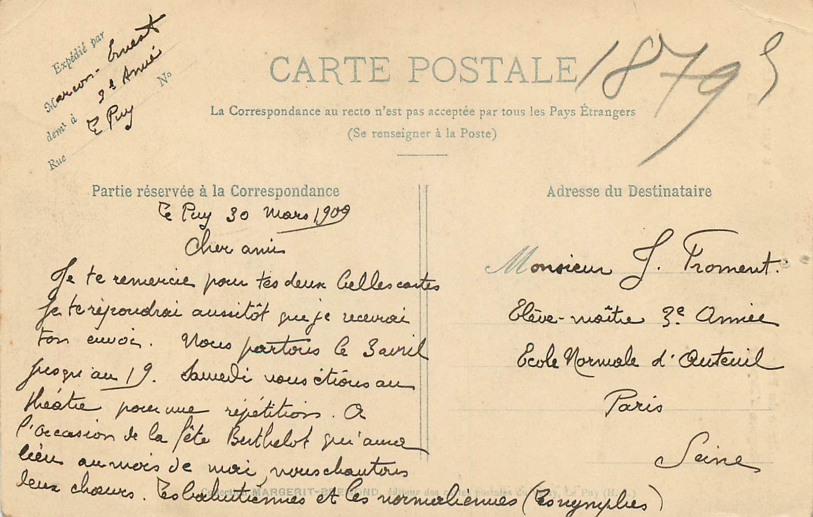 CPA Banlieue du Puy les Orgues d'Espaly — Rückseite