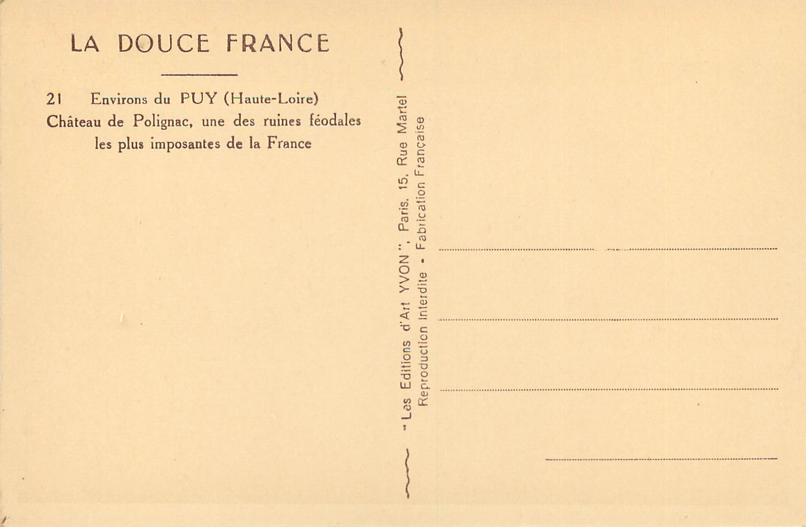Château de Polignac — ruines féodales — Éditions d'Art YVON, n°21 — Verso