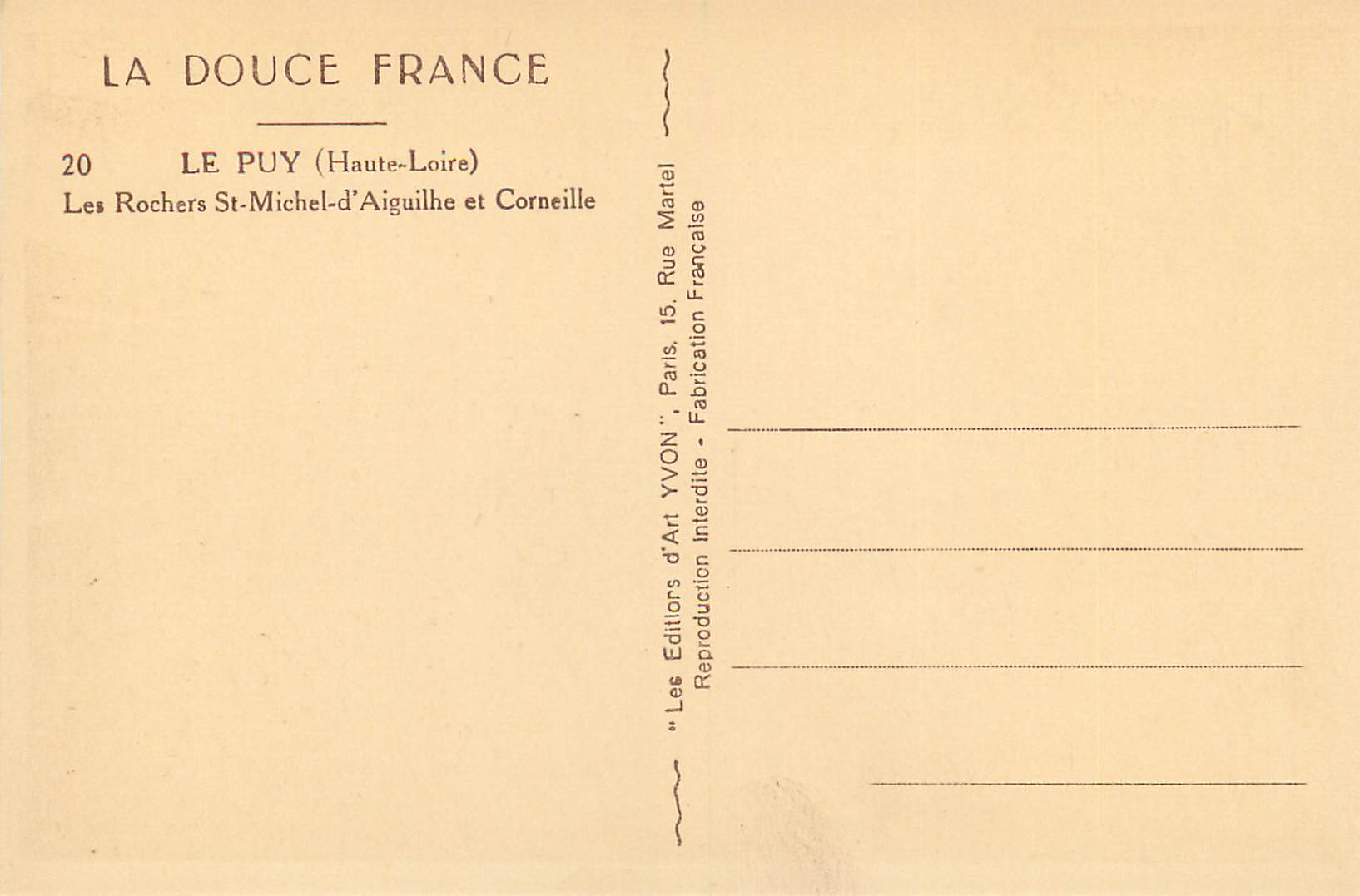CPA le Puy (Haute Loire)les Rochers St Michel d'Aiguilhe et Corneille — Rückseite