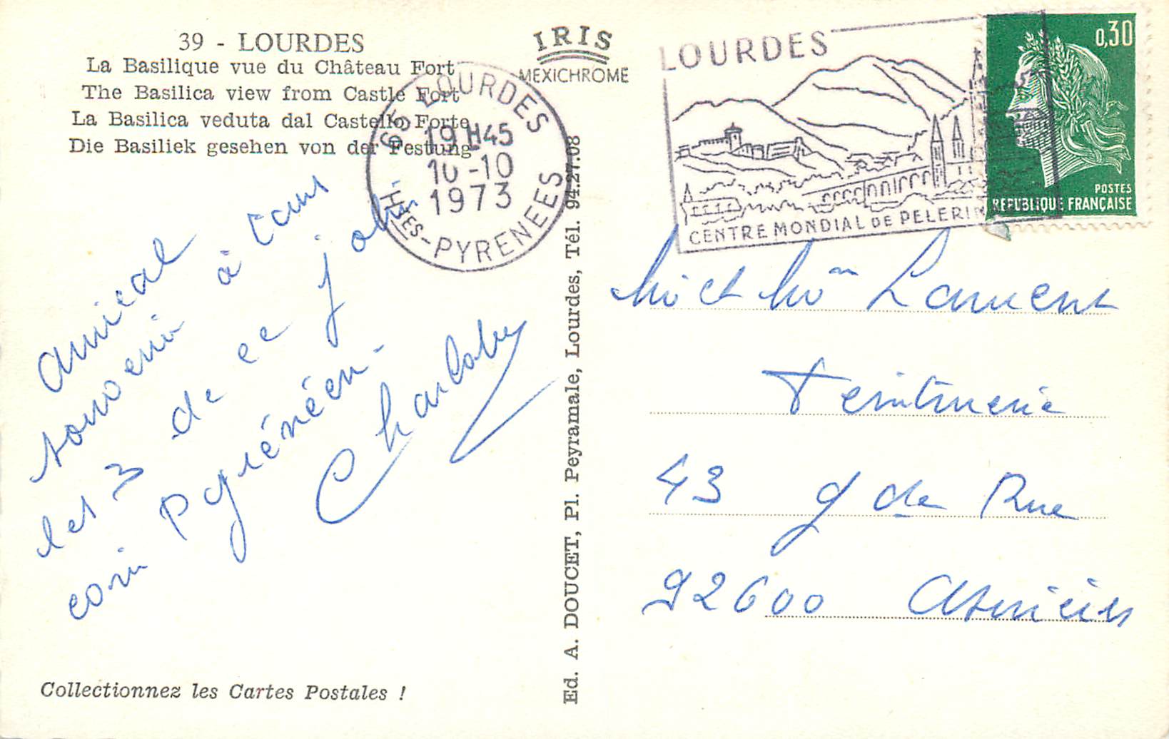CPM Lourdes la Basilique vue du Chateau Fort — Verso