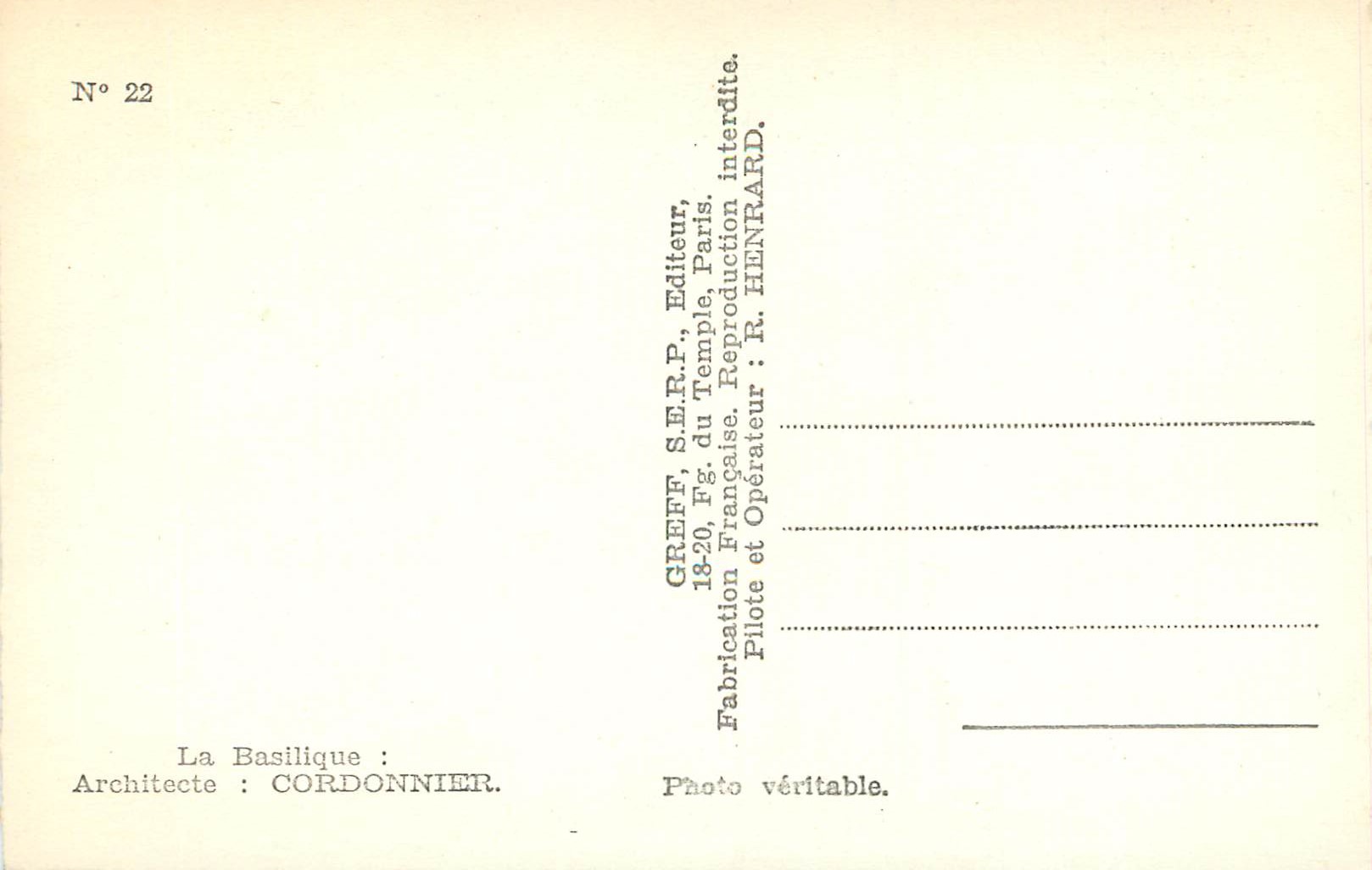 CPM Souvenir de la Cote Fleurie Basilique Architecte Cordonnier — Rückseite