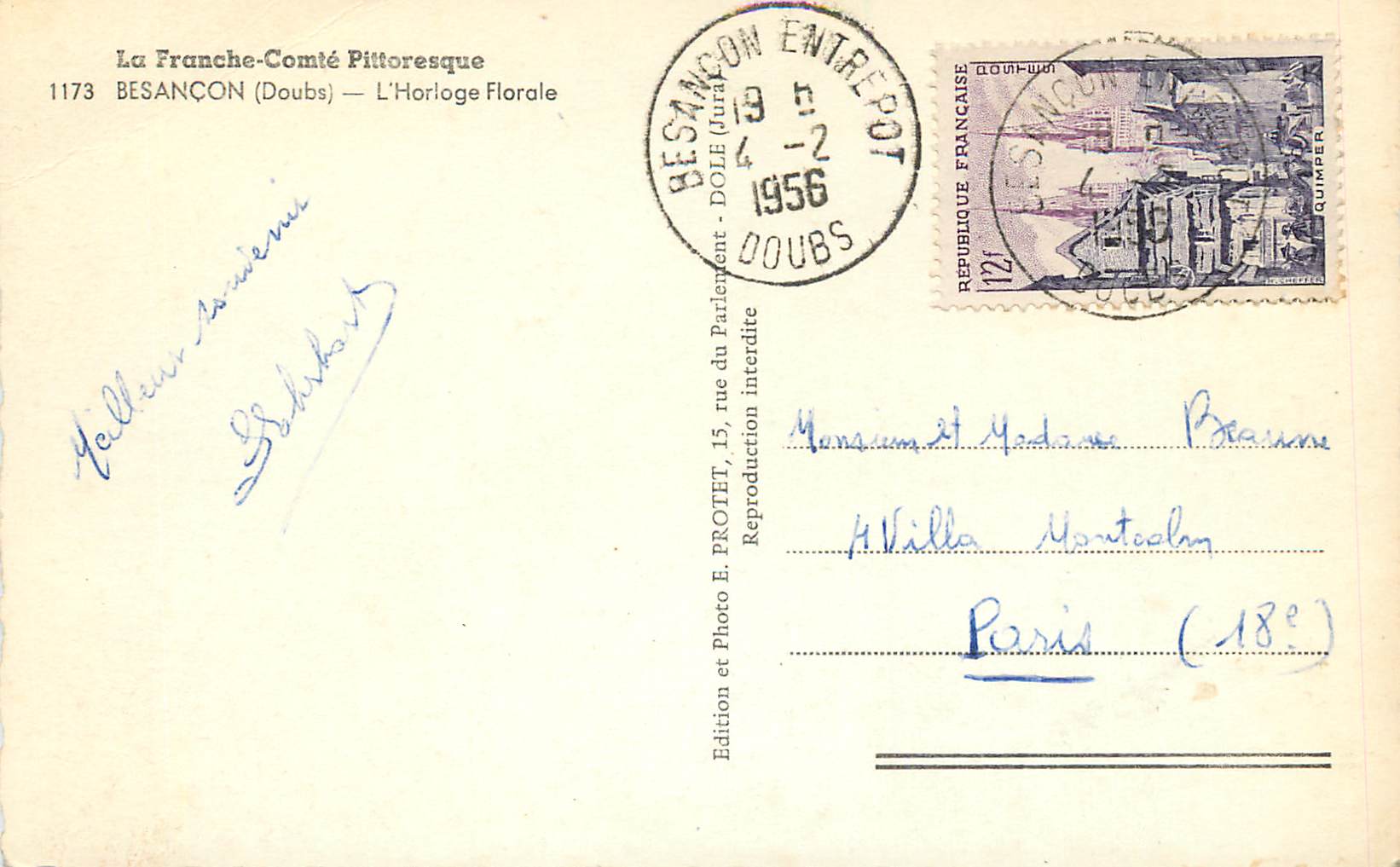 CPM la Franche Comte Pittoresque Besancon (Doubs) l'Horloge Florale — Rückseite