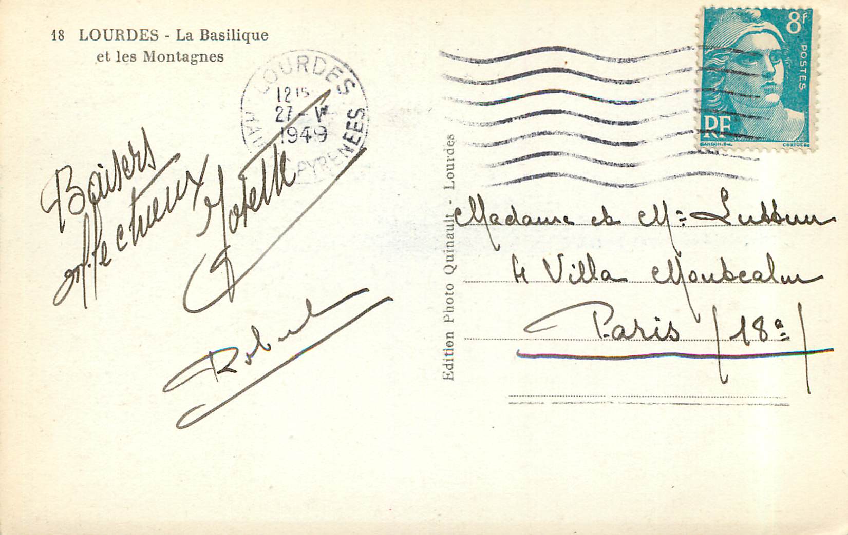 CPM Lourdes la Basilique et les Montagnes — Verso