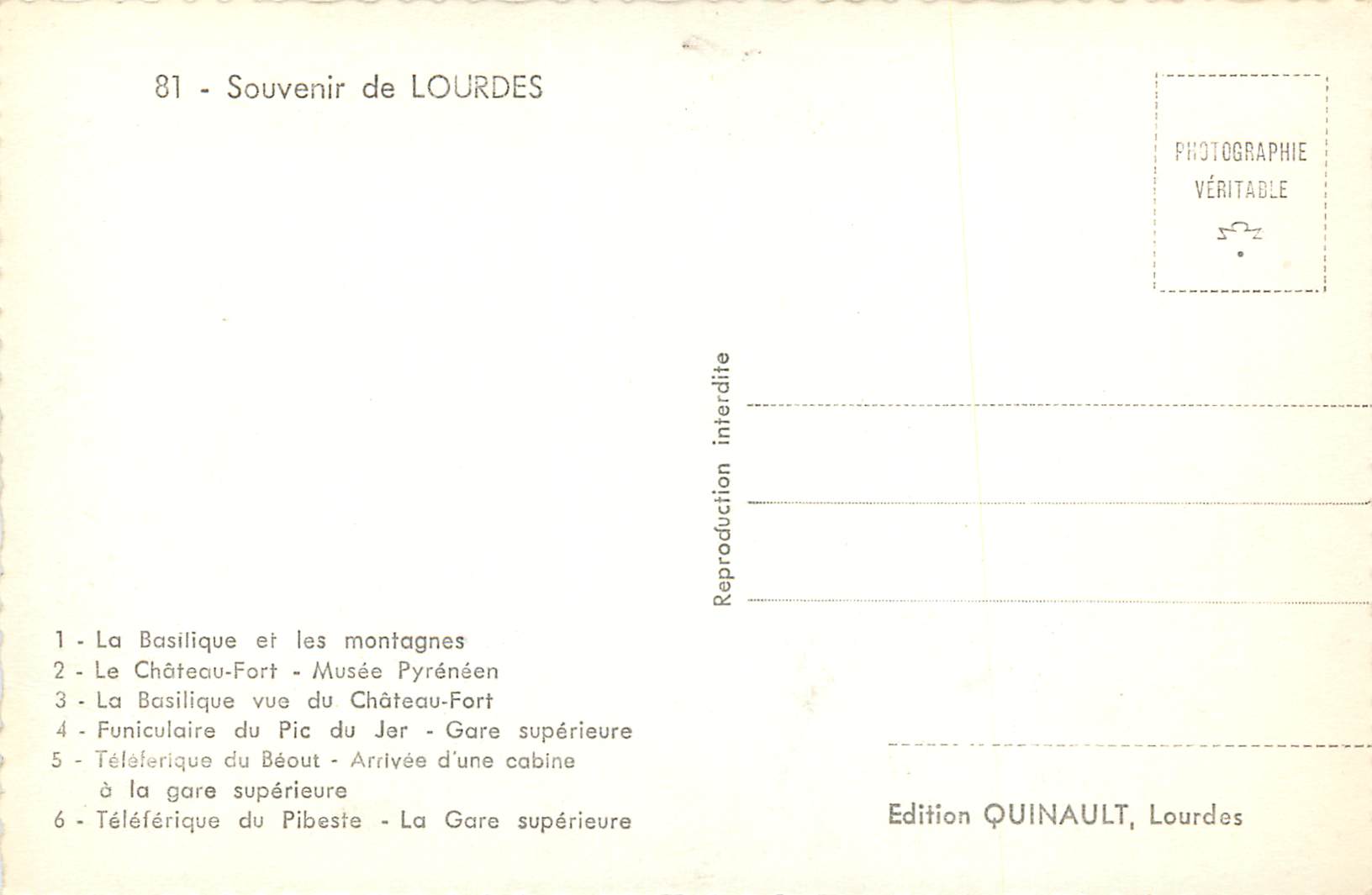 CPM Souvenir de Lourdes — Verso