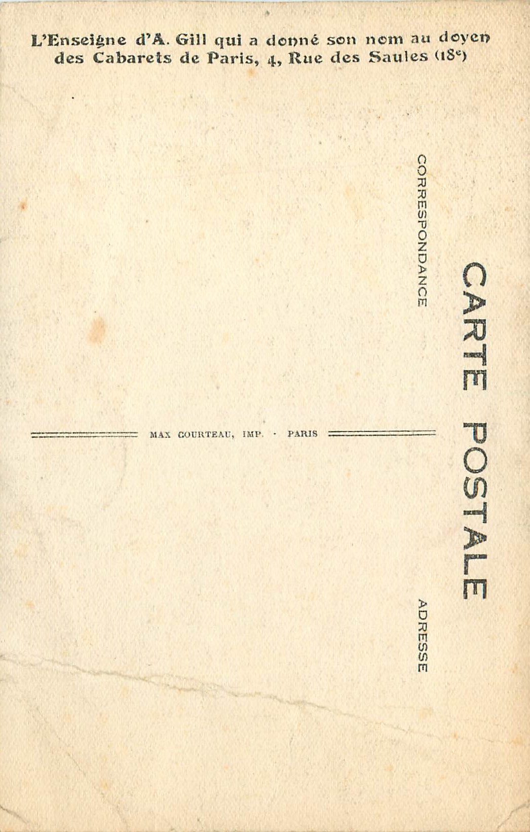 CPA l'Enseigne d'A Gille qui a donne son nom au Doyen des Cabarets de Paris 4 Rue des Saules — Rückseite