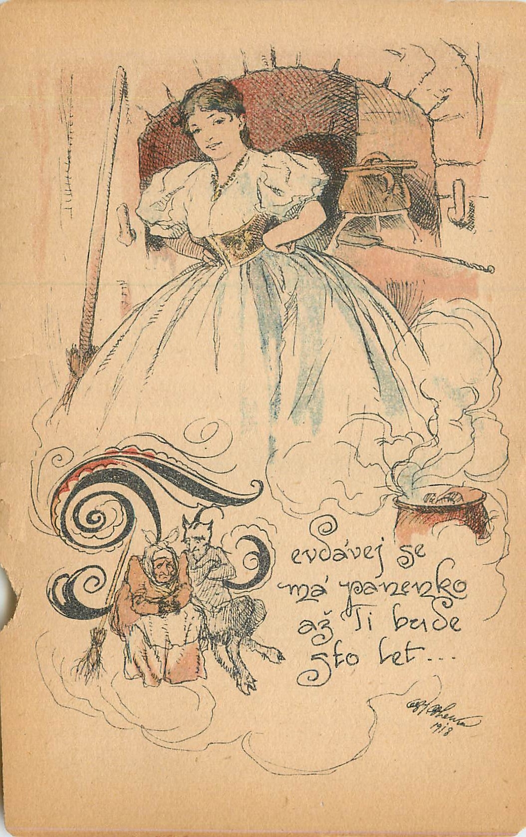 Sorcière et démons — illustration humoristique — signée 'O. P. H. 1919'