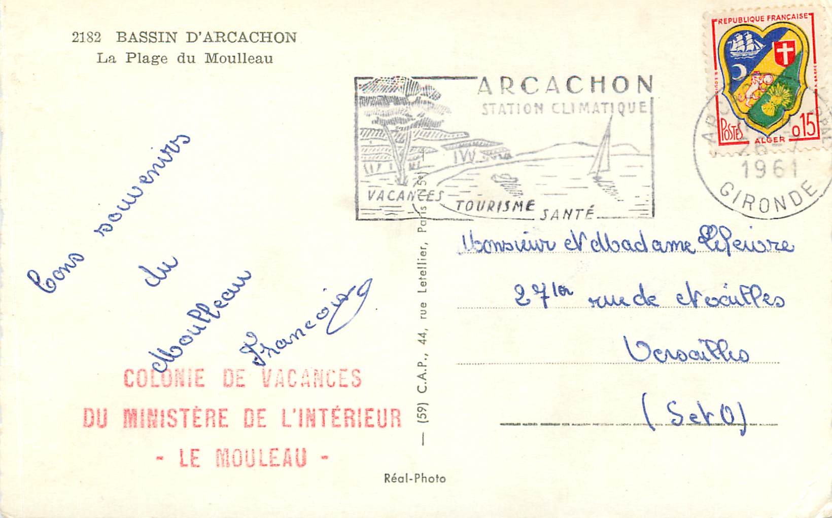 Plage du Mouleau — Bassin d'Arcachon — Colonie de vacances du Ministère de l'Intérieur — Rückseite