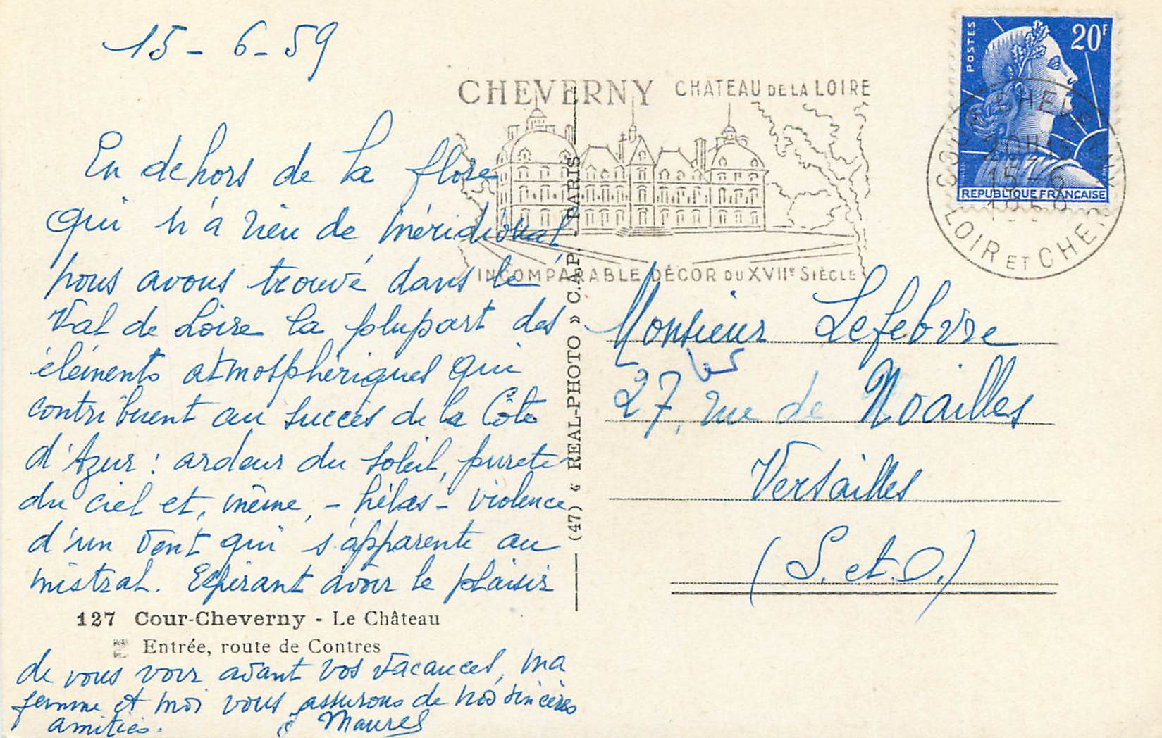 CPM Cour Cheverny le Chateau Entree Route de Contres — Rückseite