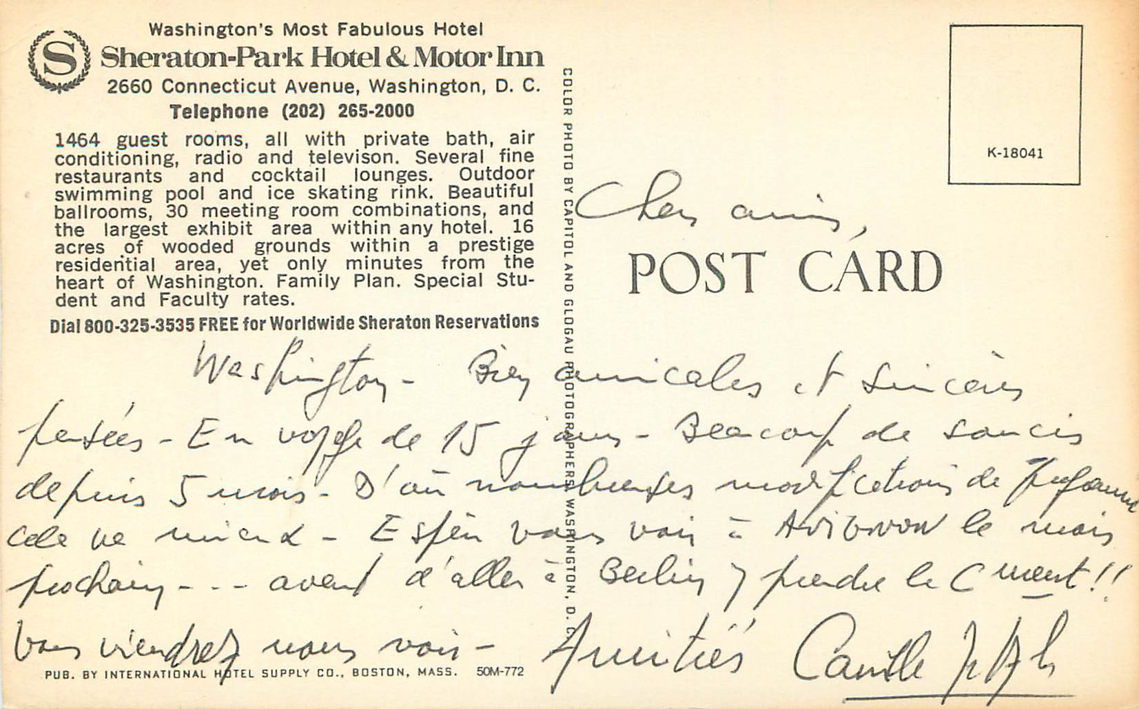 CPM Washington's Most Fabulous Hotel Sheraton Park Hotel Motor Inn — Back