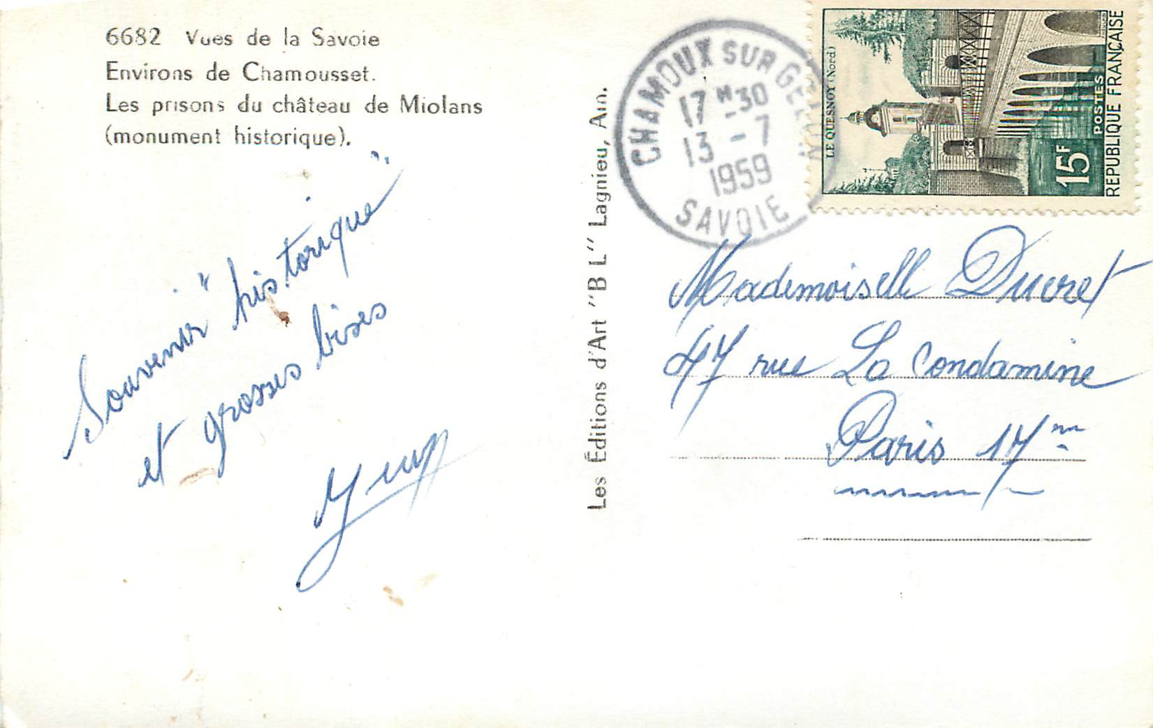 CPM Environs de Chamousset Vues de la Savoie les Prisons du Chateau de Miolans(Monument Historique) — Rückseite