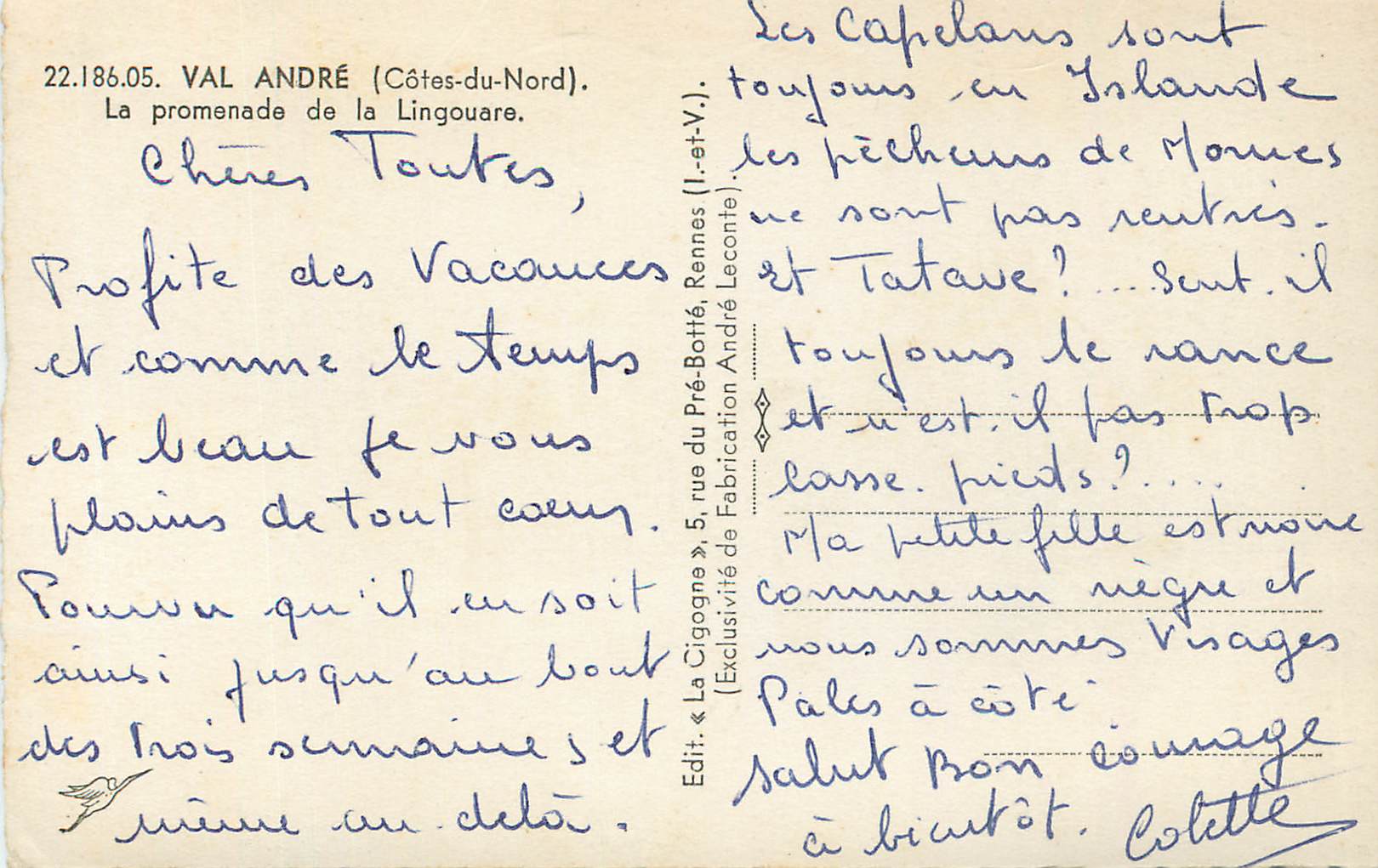 CPM Val Andre (Cote du Nord) la Promenade de la Lingouare — Rückseite