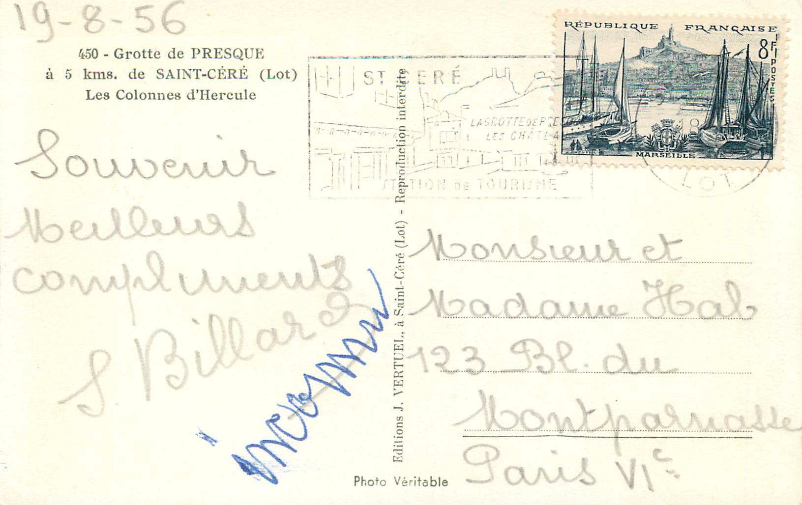 Grotte de PRESQUE — Les Colonnes d'Hercule — Éditions J. VERTUEL (Lot) — Verso