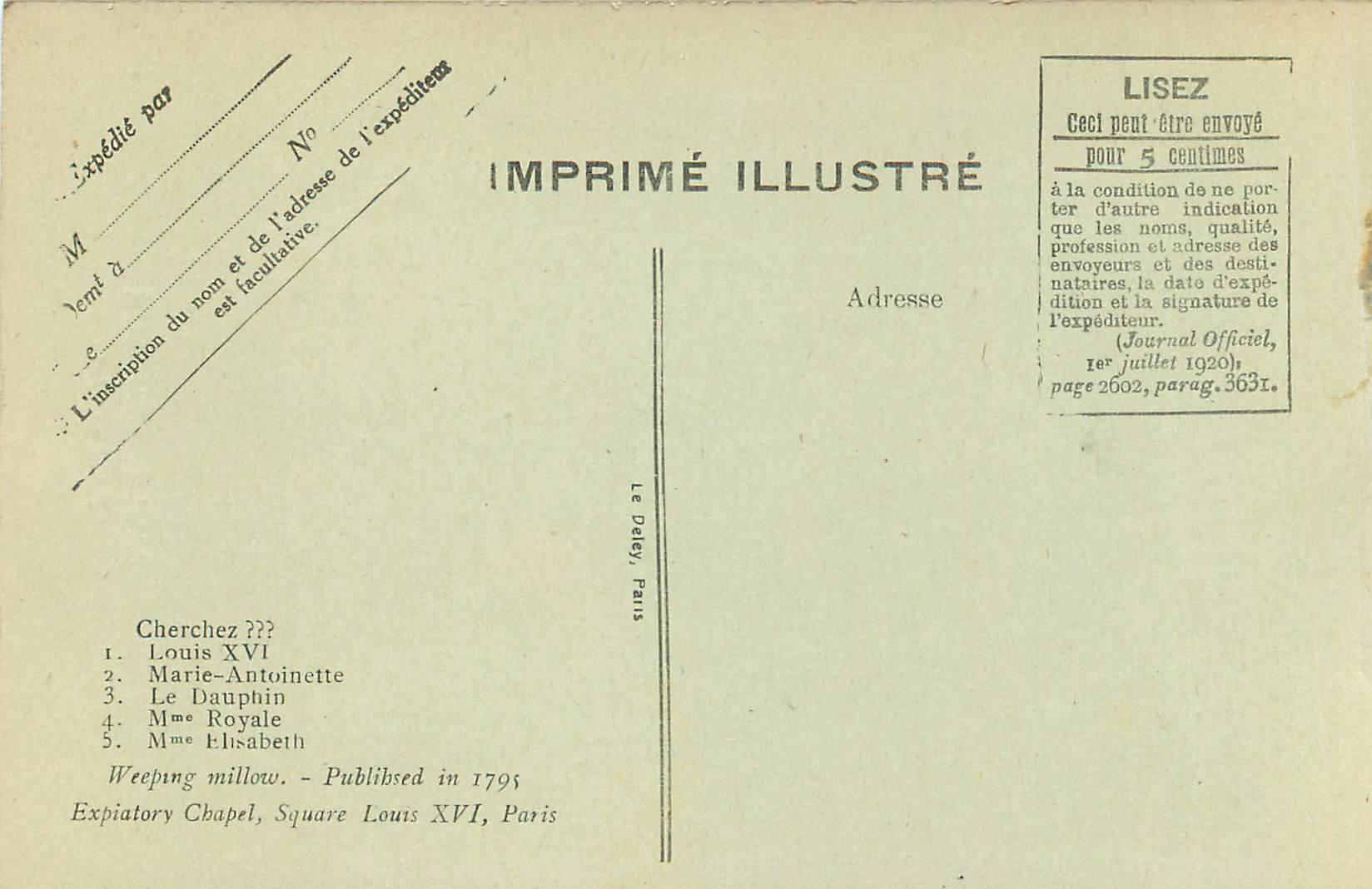 CPA Saule Pleureur publie en 1795 Explatory Chapel Square Louis XVI Paris  — Rückseite