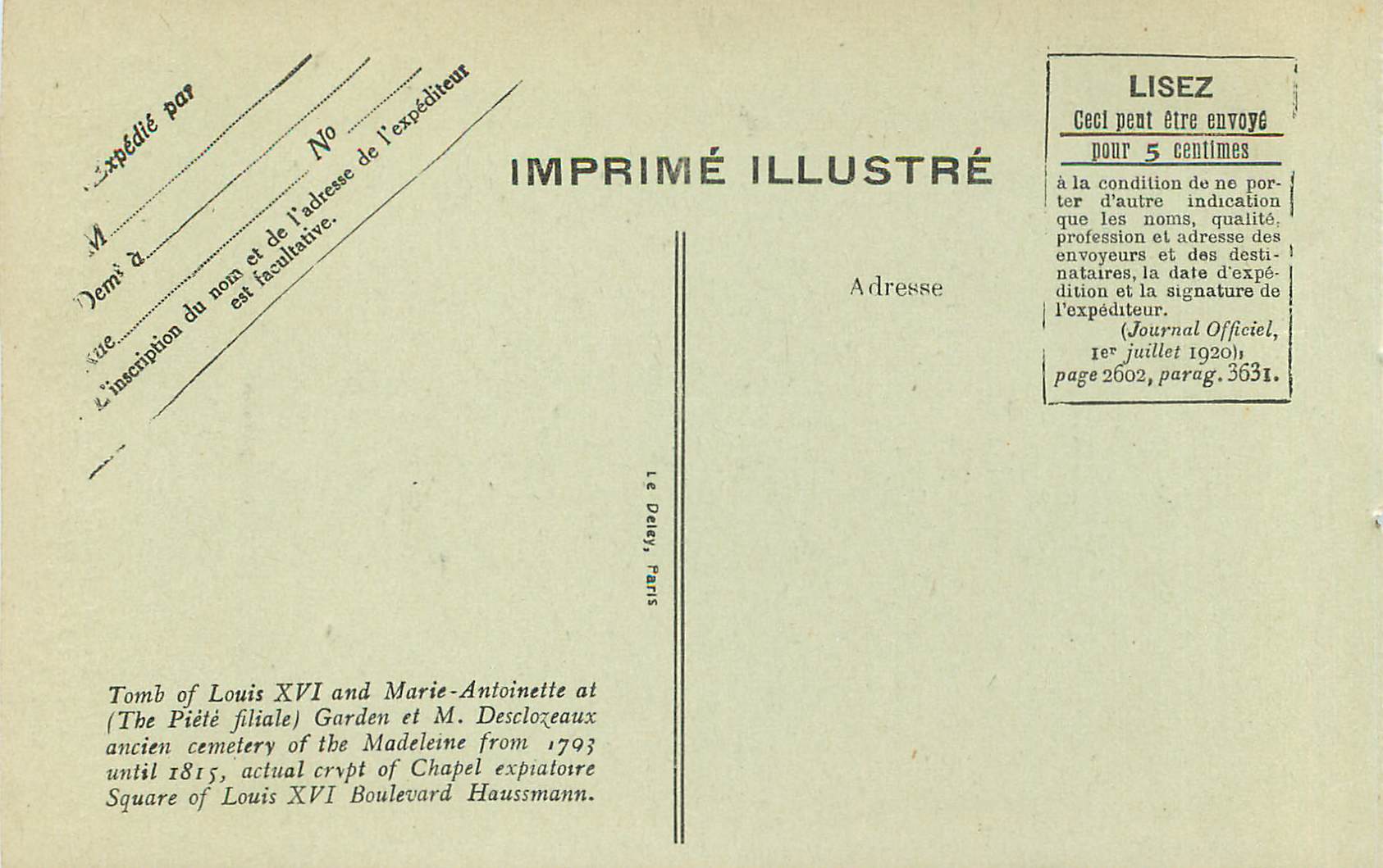 CPA Jardin de M Desclozeau Crypte de la Chapelle Explatoire Boulevard Haussmann Paris — Rückseite