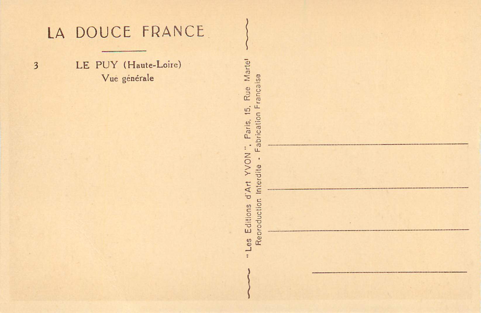CPA le Puy (Haute Loire) vue Generale la Douce France — Rückseite