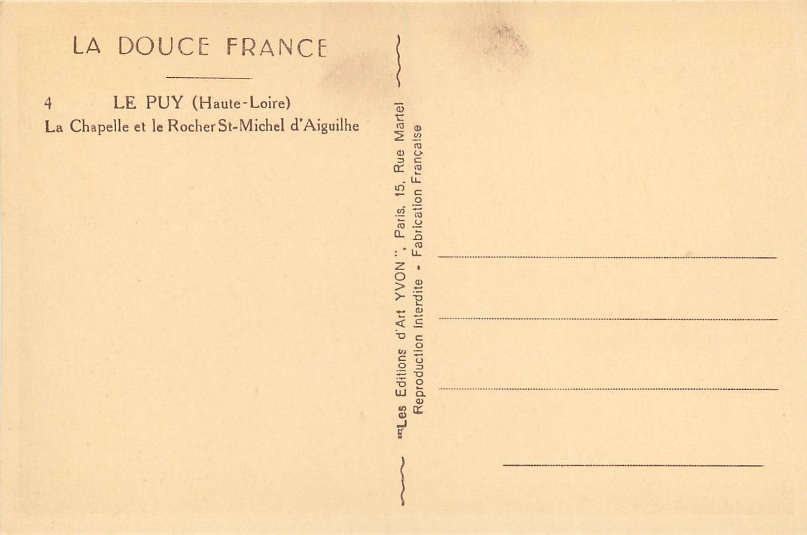 Le Puy (Haute-Loire) — La chapelle et le Rocher Saint-Michel d'Aiguilhe — Éditions d'Art Yvon — Rückseite