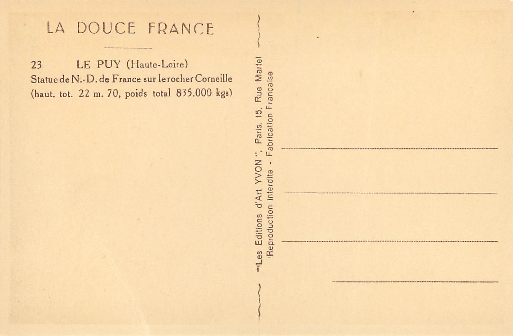 Le Puy (Haute-Loire) — Statue de Notre-Dame de France sur le rocher Corneille — Éditions d'Art YVON — Verso
