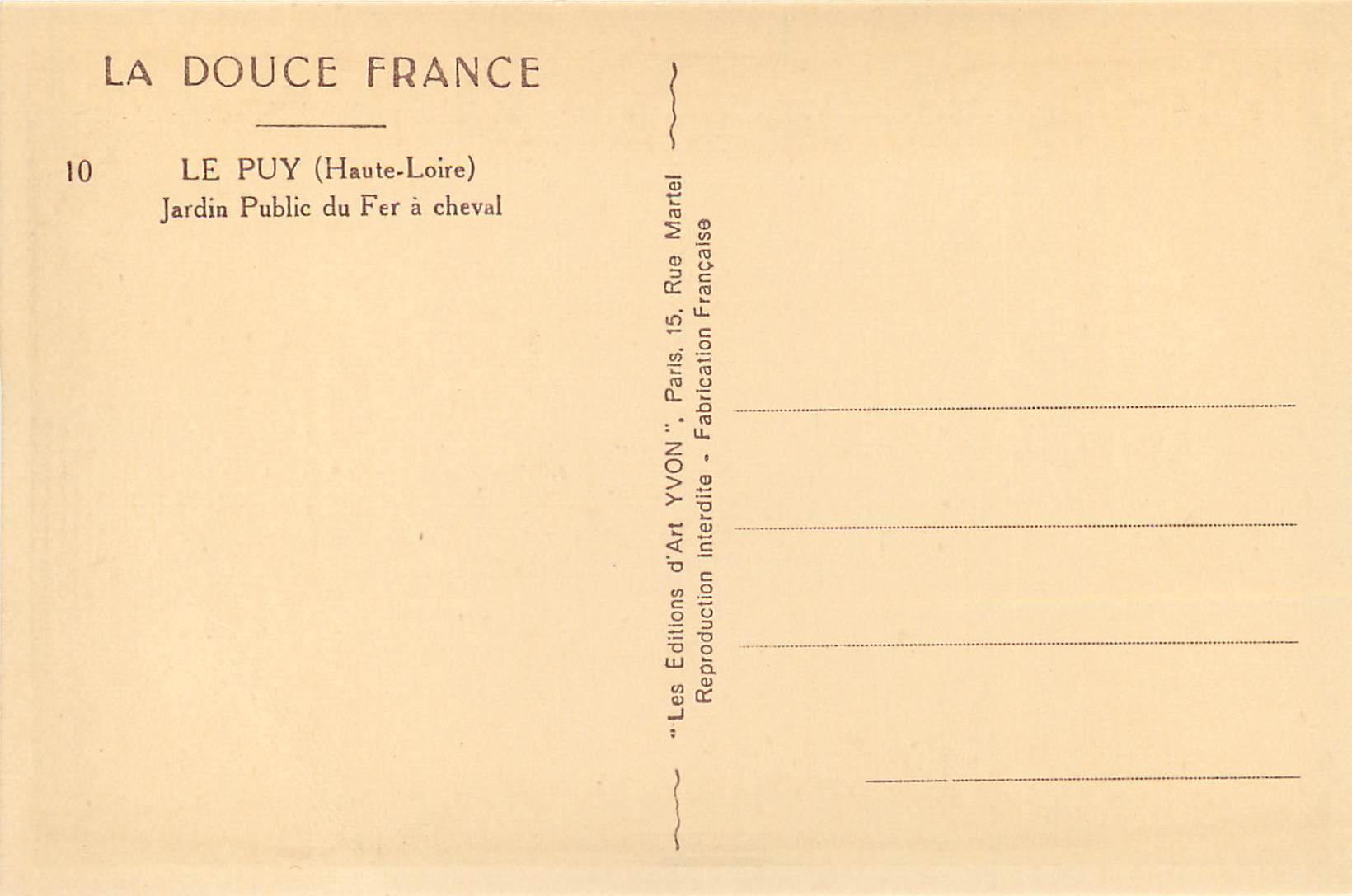 Le Puy (Haute-Loire) — Jardin Public du Fer à cheval — Éditions d'Art Yvon, Paris — Verso