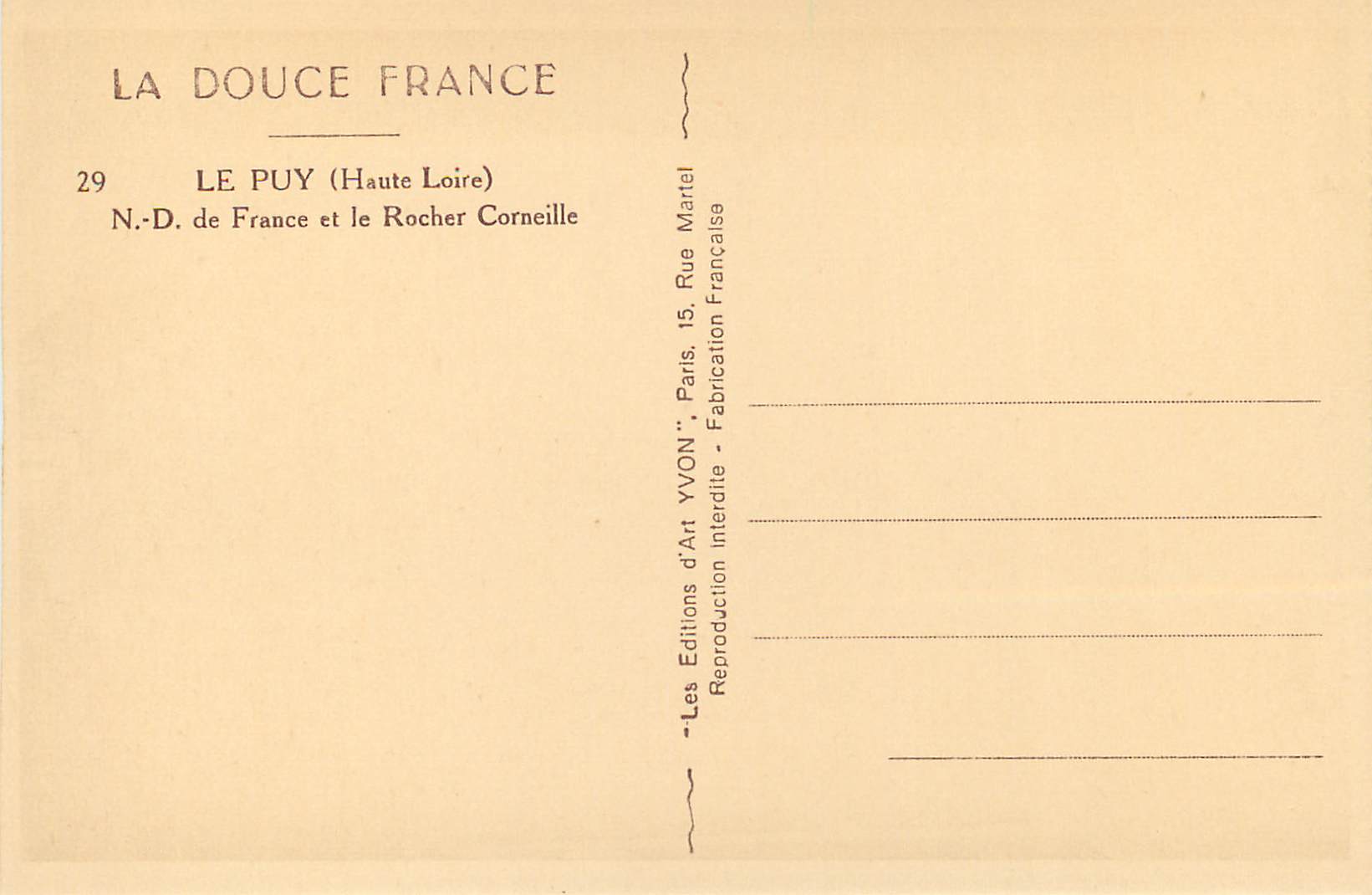 Le Puy (Haute Loire) — N.-D. de France et le Rocher Corneille — Éditions YVON — Verso