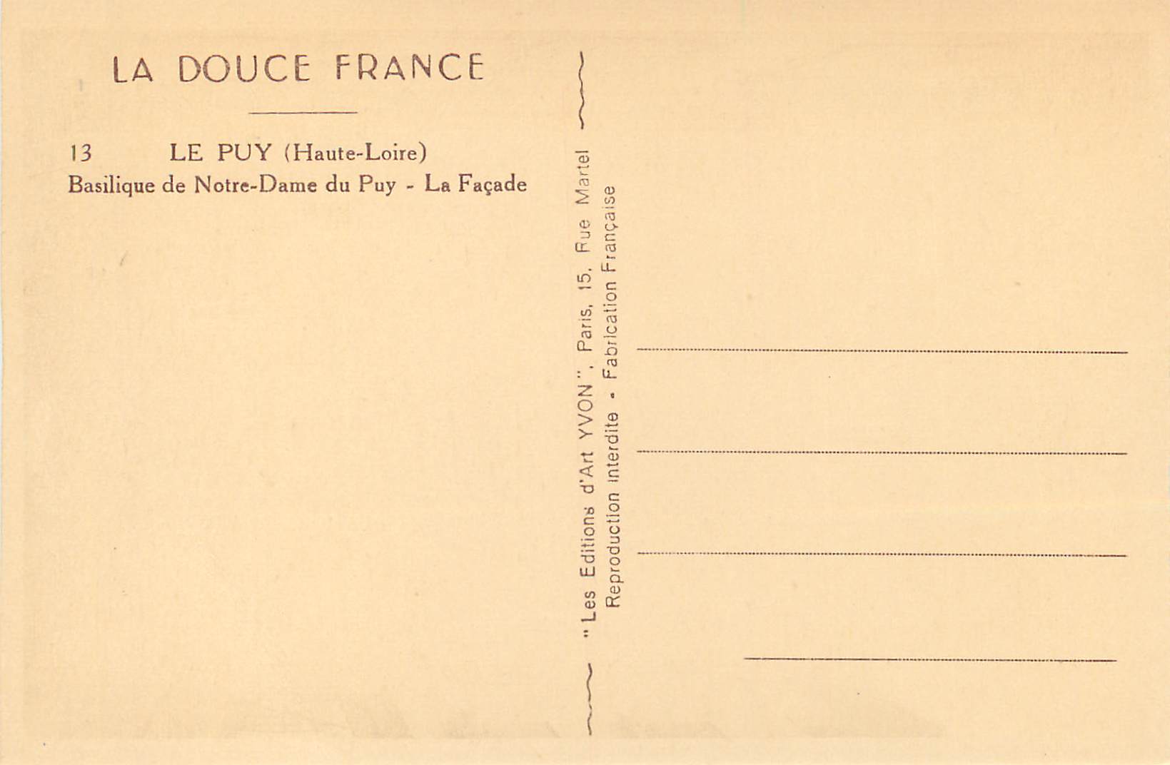 Le Puy (Haute-Loire) — Basilique Notre-Dame du Puy — Façade — Éditions Yvon — Rückseite