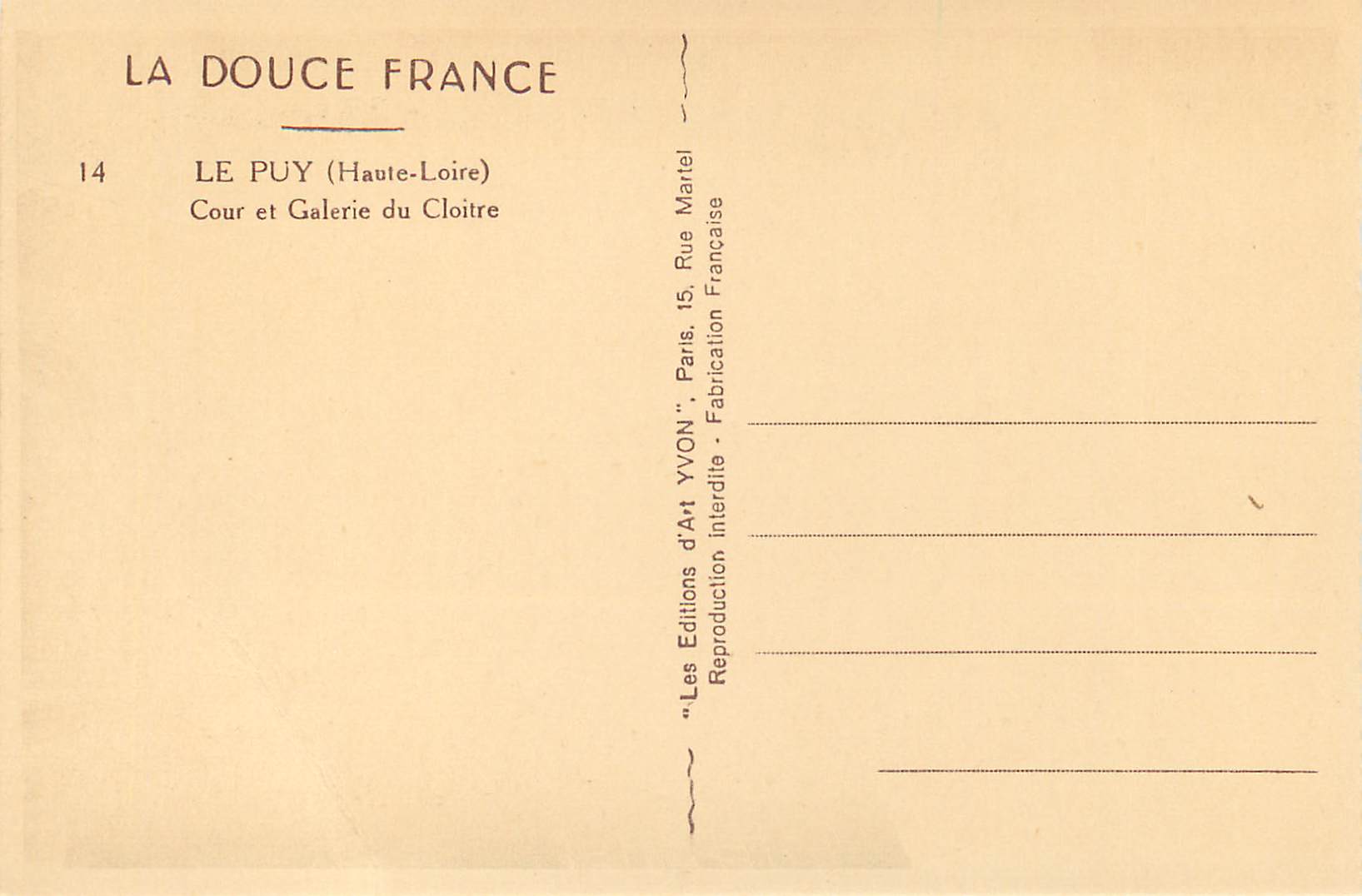 Le Puy (Haute-Loire) — Cour et Galerie du Cloître — Éditions d'Art YVON — Verso