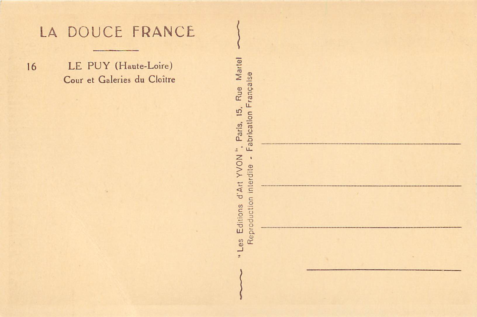 Le Puy (Haute-Loire) — Cour et Galeries du Cloître — Éditions d'Art Yvon — Verso
