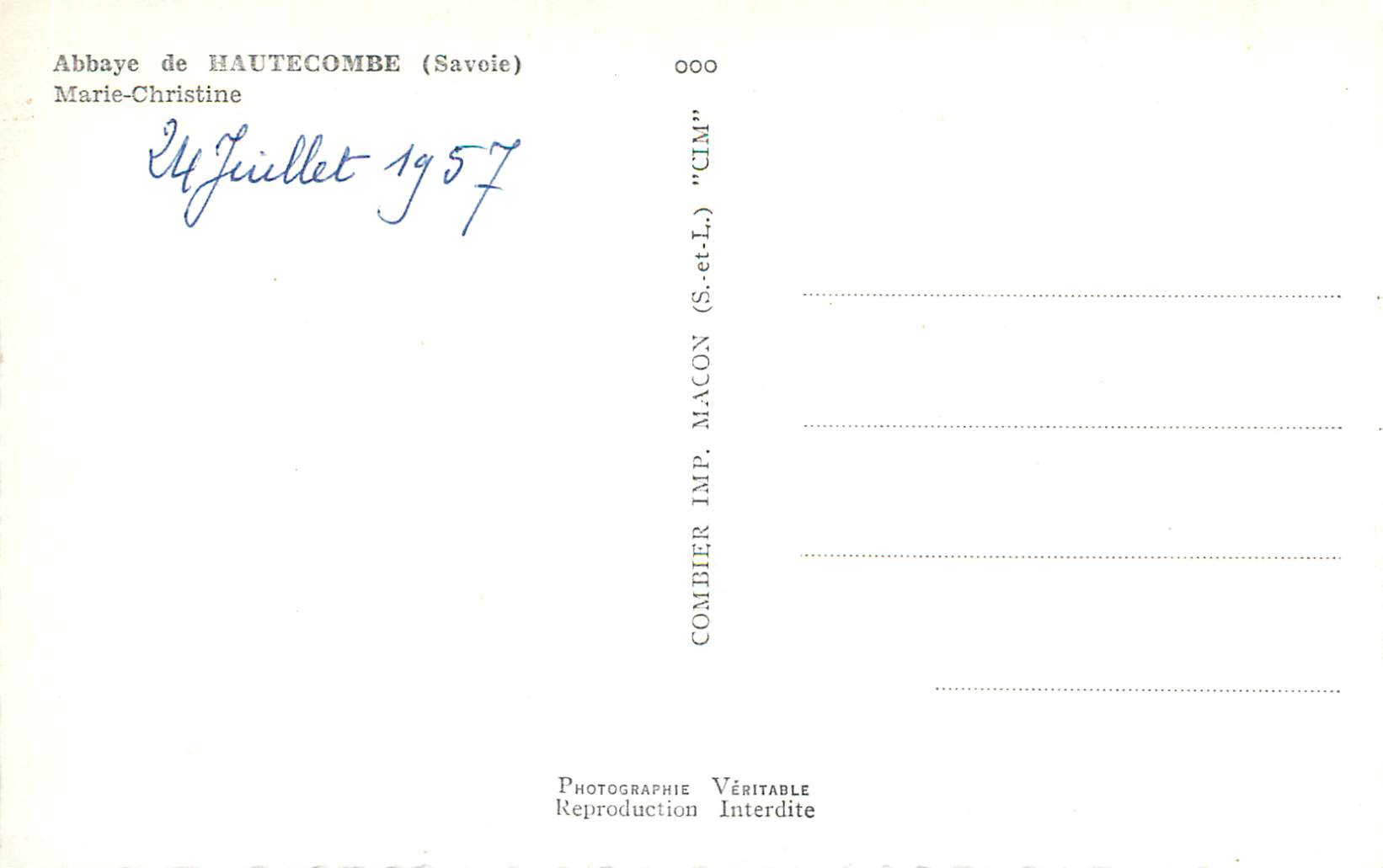 CPM Abbaye de Hautecombe (Savoie) Marie Christine — Rückseite