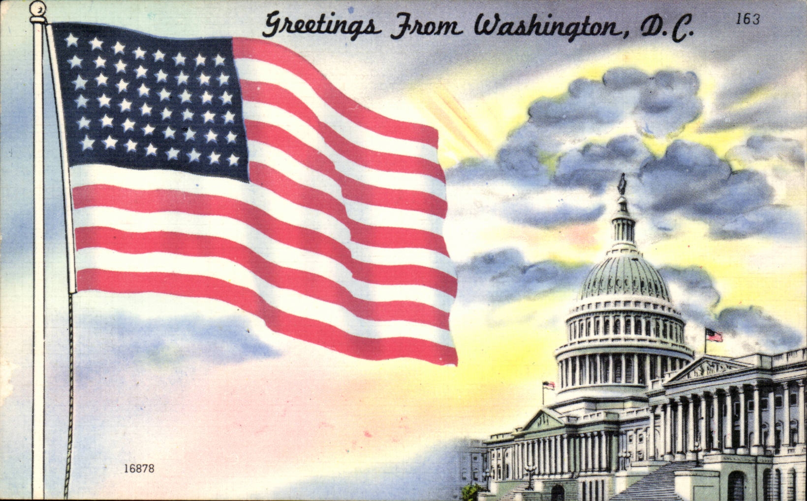 Greetings from Washinton D C - American Flag Illustration-CPA