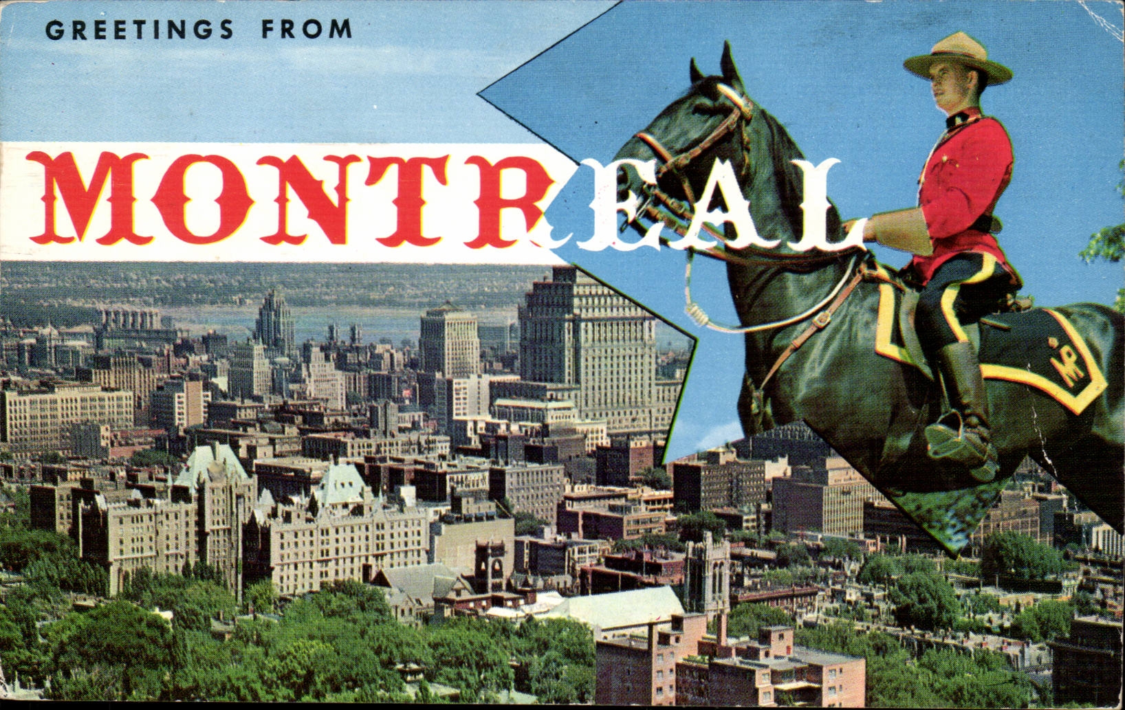 Greetings from Montreal-Business Distric from Mount Royal and Royal Canadian Mounted Policeman-CPA