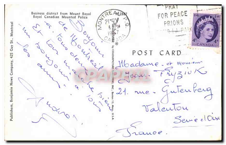 Greetings from Montreal-Business Distric from Mount Royal and Royal Canadian Mounted Policeman-CPA — Back