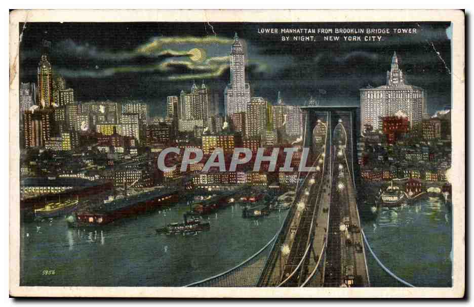 upper Manhattan From Brooklan Bridge Tower By Night-New York City- Illustration- CPA