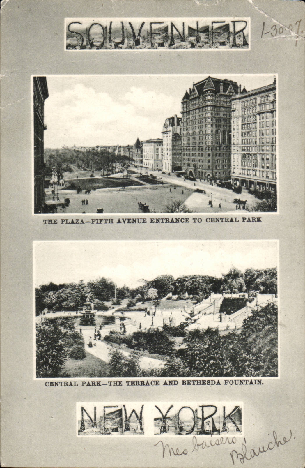 New York- Souvenir-The Plaza-Fifth Avenue Entrance To Central Park- The Terrace And Bethesda Fountain CPA
