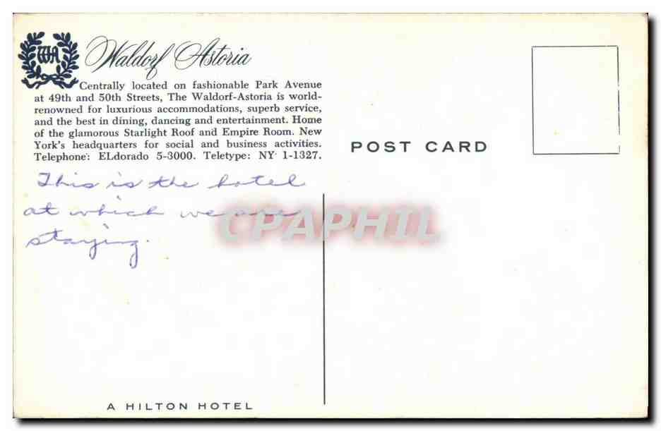 New York- Waldorf -Astoria Hotel On Fashionable Park Avenue at 49th and 50th Street - CPA — Rückseite