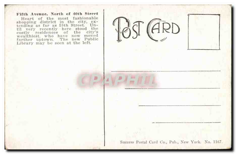 Fifth Avenue, nördlich der 40. Straße, New York — Success Postal Card Co. Nr. 1167 — Rückseite