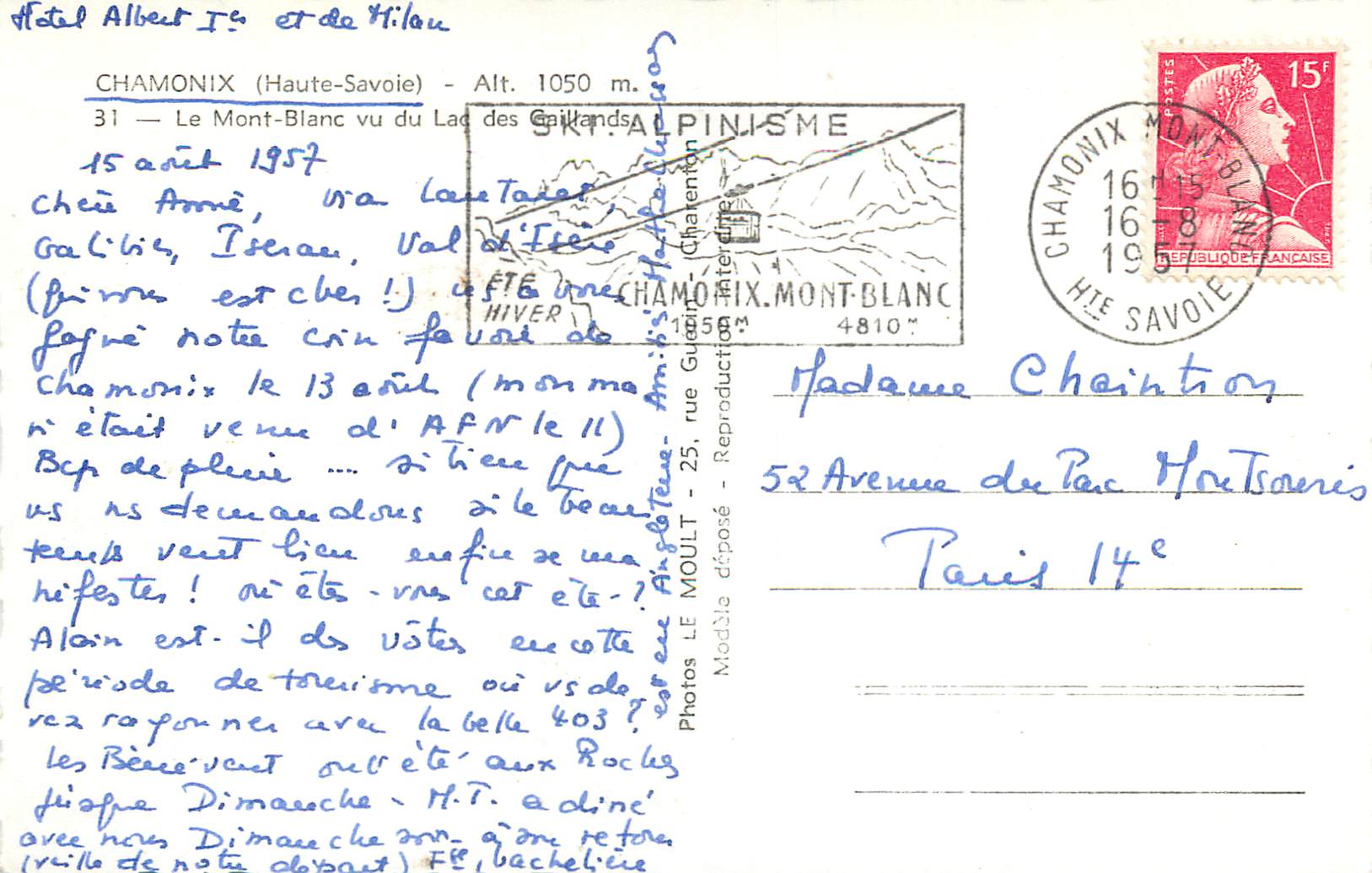 CPM Chamonix (haute savoie) alt 1050 m 31 le mont blanc vu du lac gailands — Verso