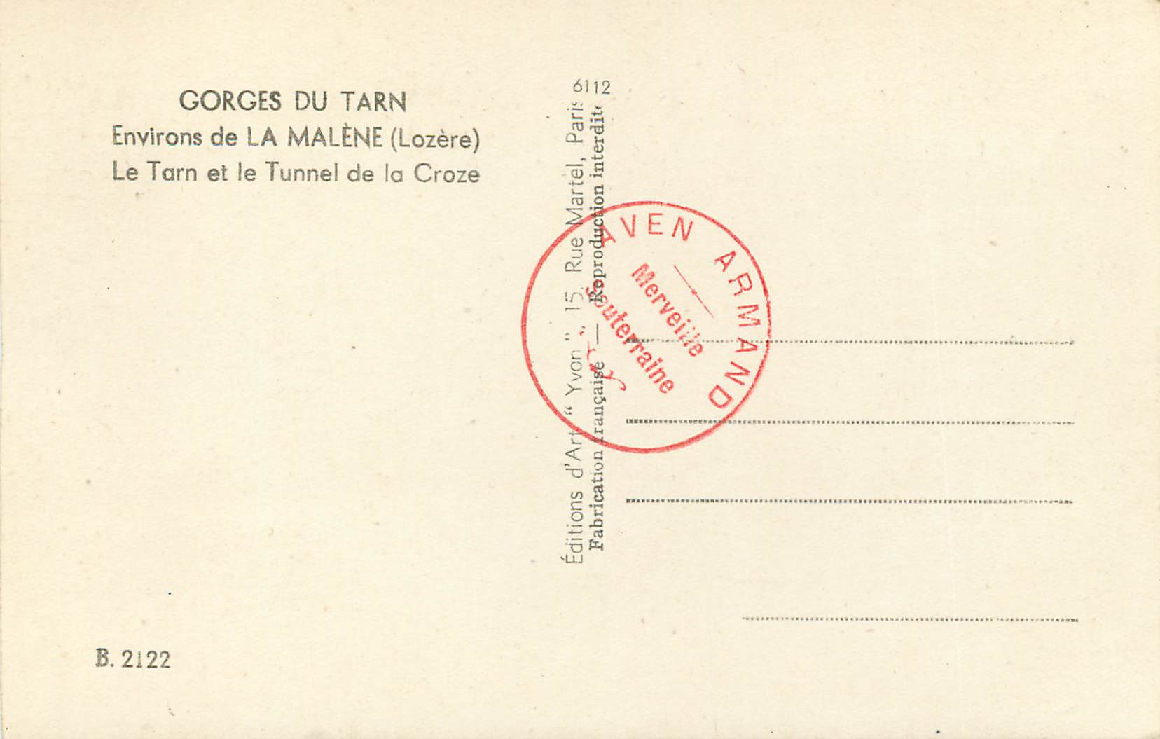 Gorges du Tarn — Environs de La Malène (Lozère) — Éditions d'Art 'Yvon' n° B.2122 — Rückseite