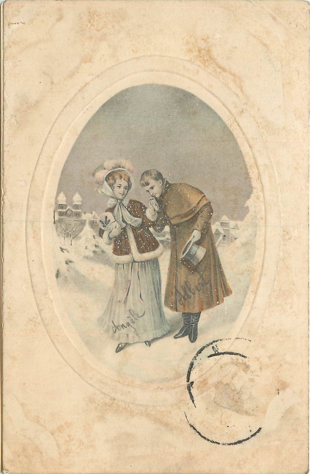 Jeune couple en hiver — scène de neige — P.T.L. No. 2102, imprimée en Allemagne