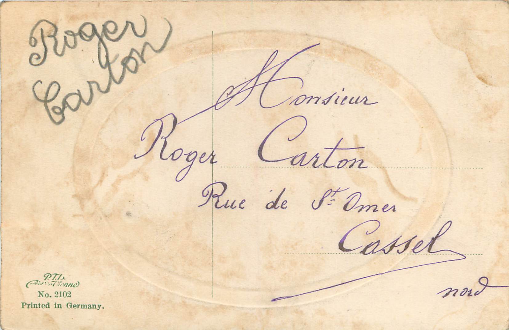 Jeune couple en hiver — scène de neige — P.T.L. No. 2102, imprimée en Allemagne — Rückseite