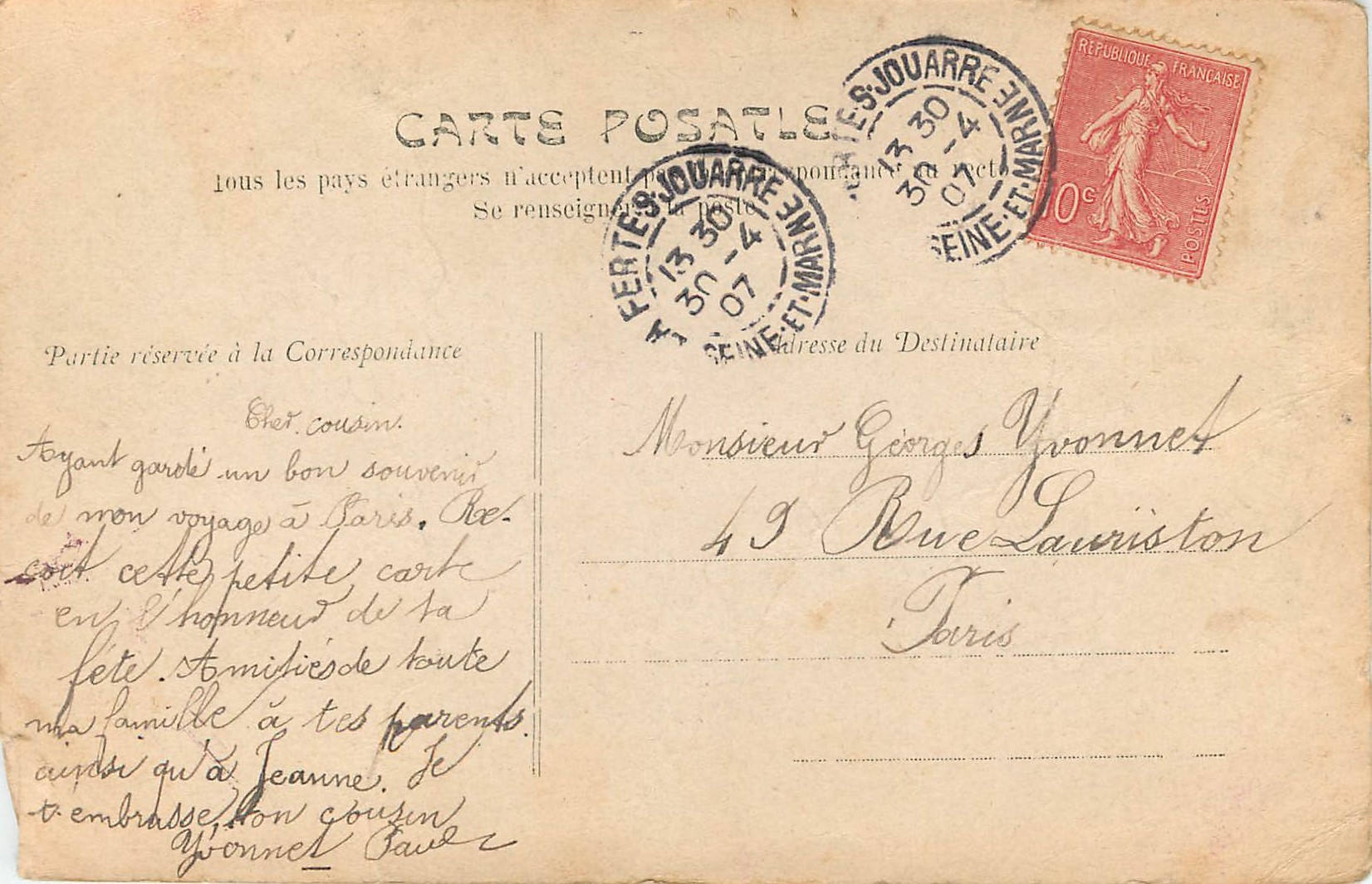 CPA Bonne fete Velo Cycle — Rückseite