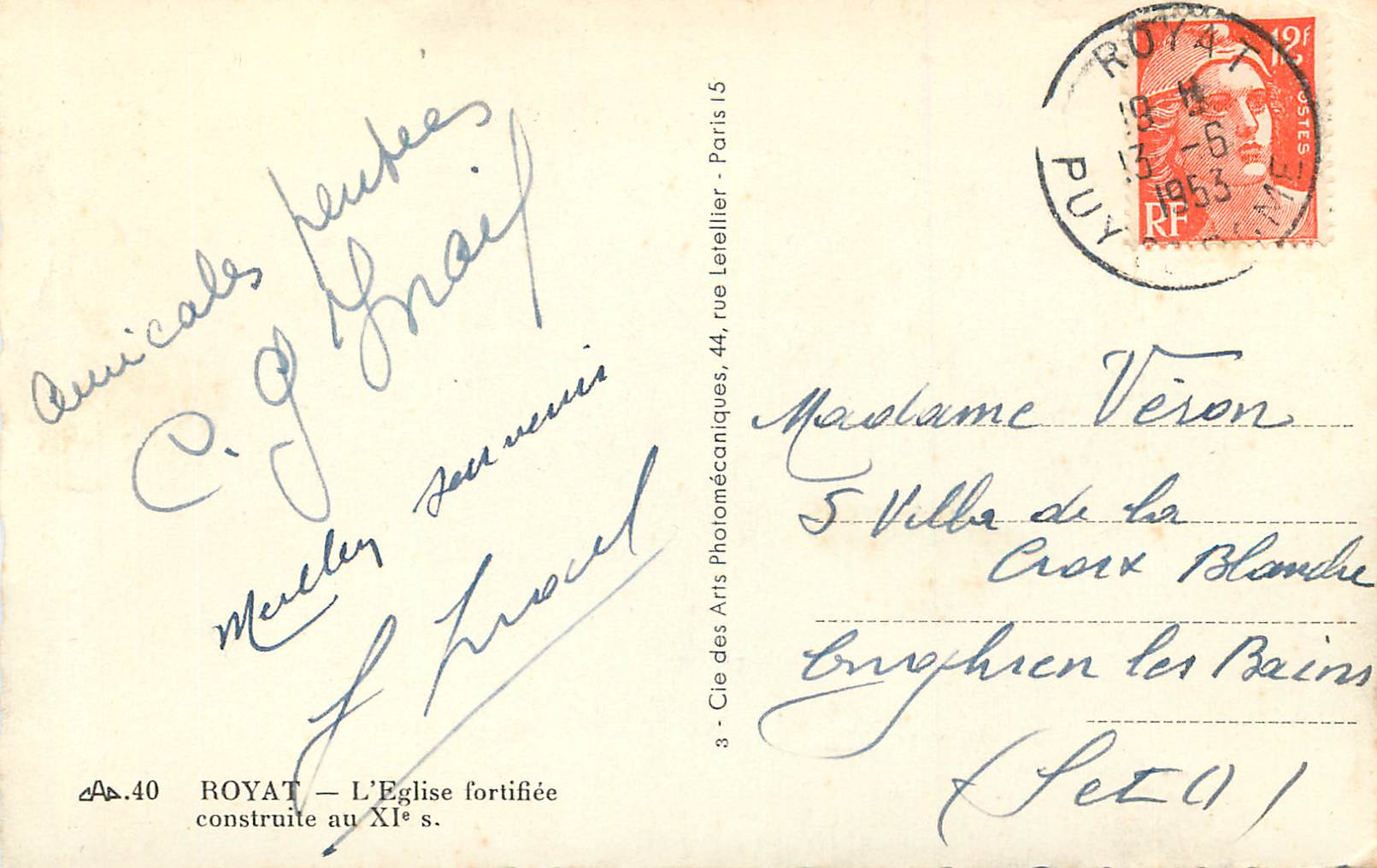 Royat — L'Église fortifiée — éditeur Cap, n° 40 — Rückseite