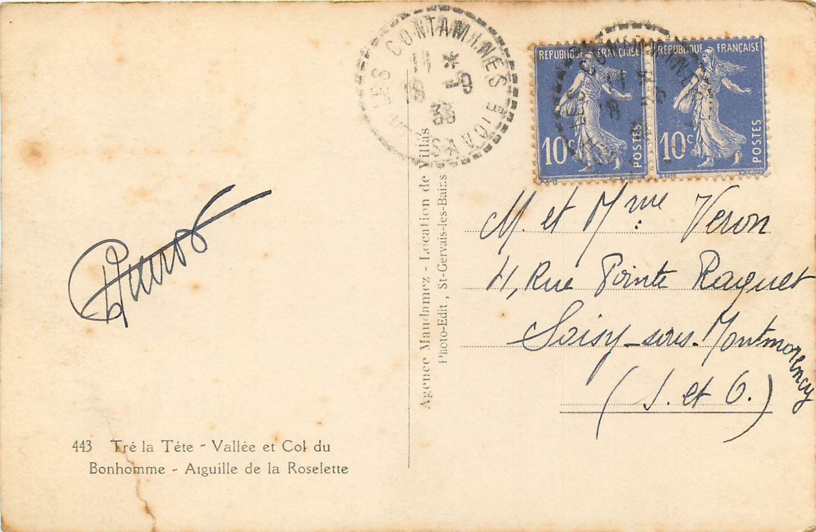 CPM 443 tre la tete vallee et col du bonhomme arguille de la roselette — Verso