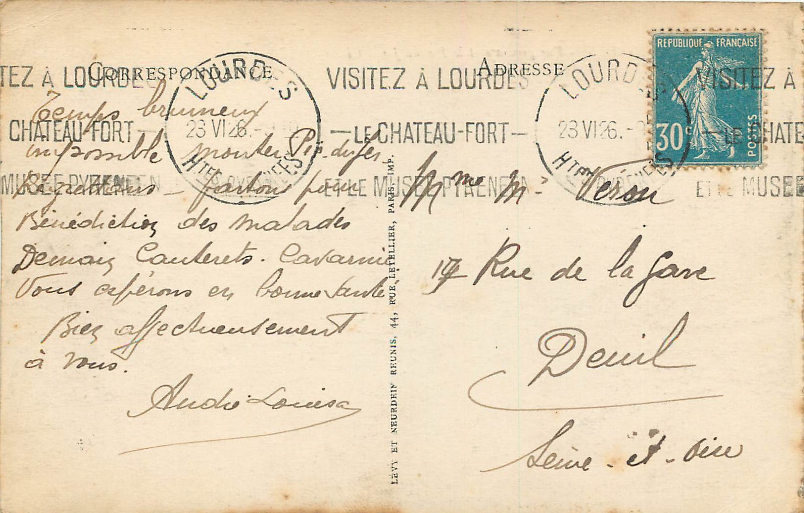 CPA 7 lourdes vue generale et le pic du fer — Verso