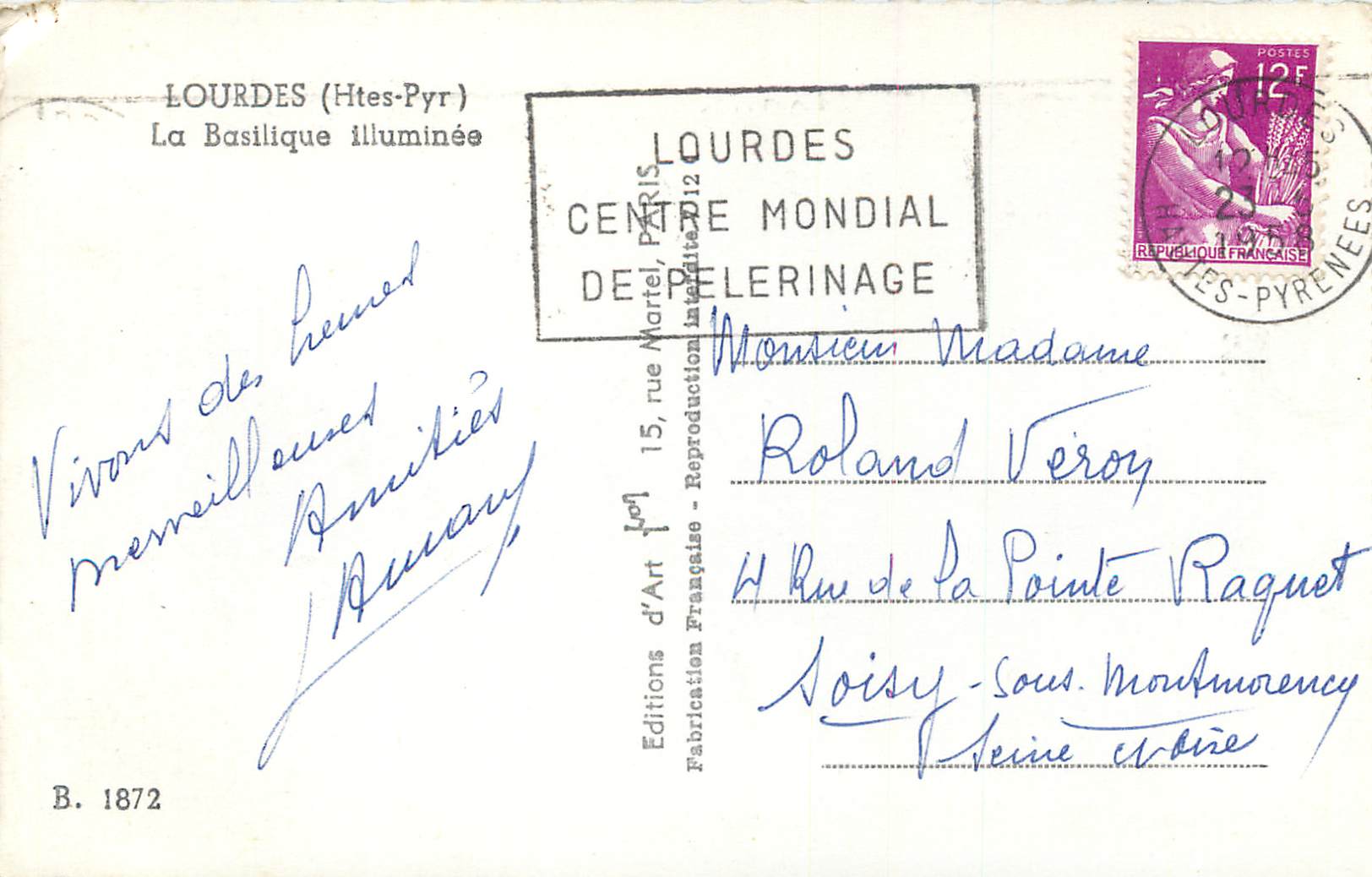 CPM Lourdes (htes pyr) la basilique illuminee — Verso