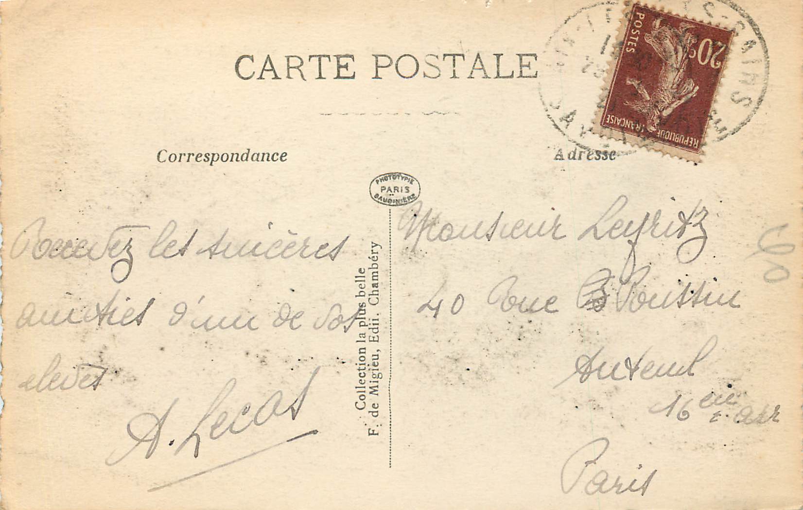 CPA 1357 le lac du bourget et le col du mont du char vus de terre nue — Verso